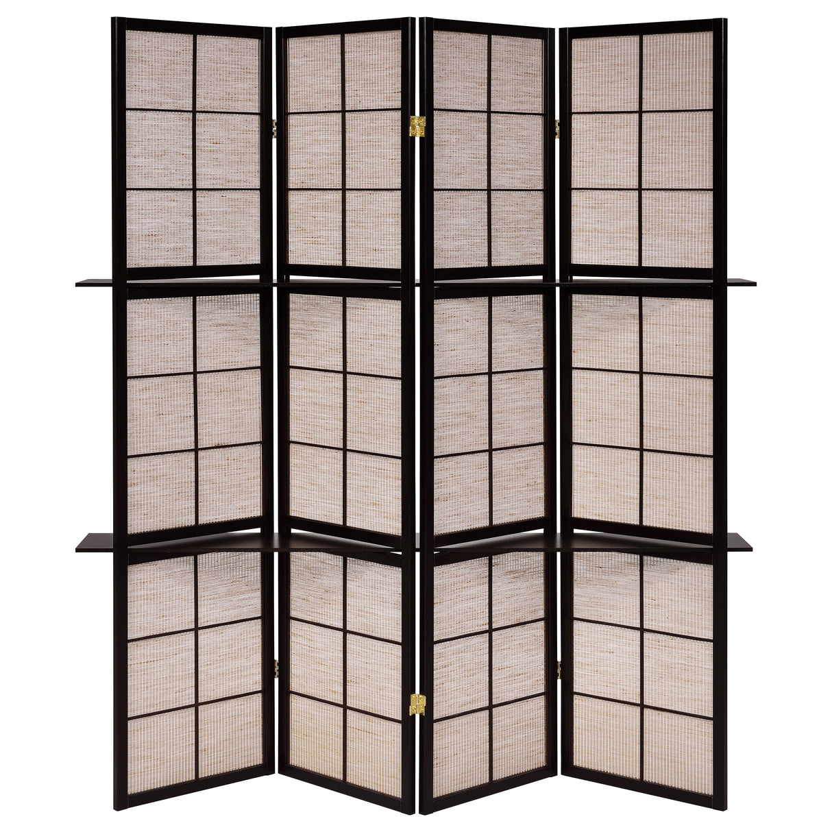 Iggy 4-Panel Folding Screen With Removable Shelves Tan And Cappuccino