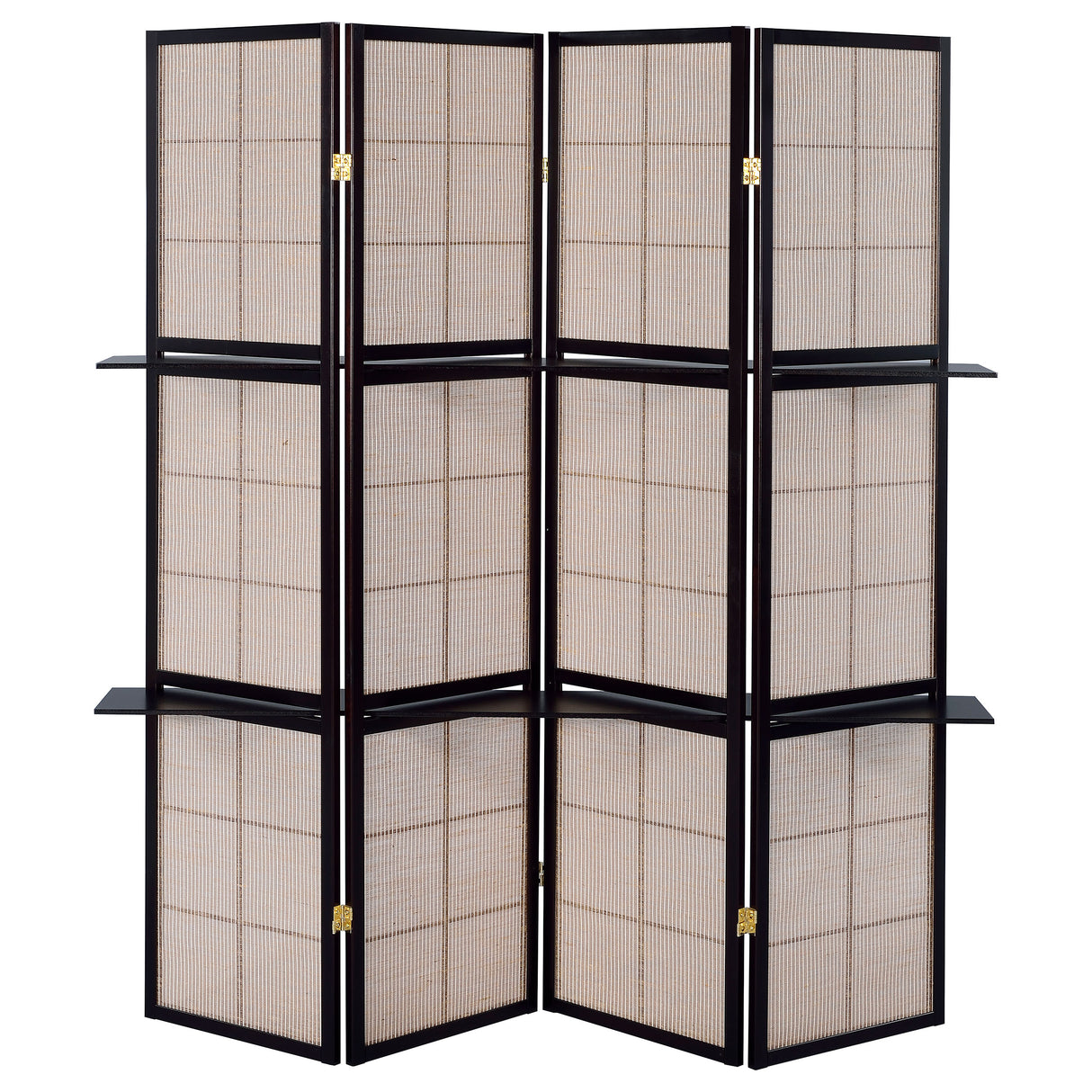 Iggy 4-Panel Folding Screen With Removable Shelves Tan And Cappuccino