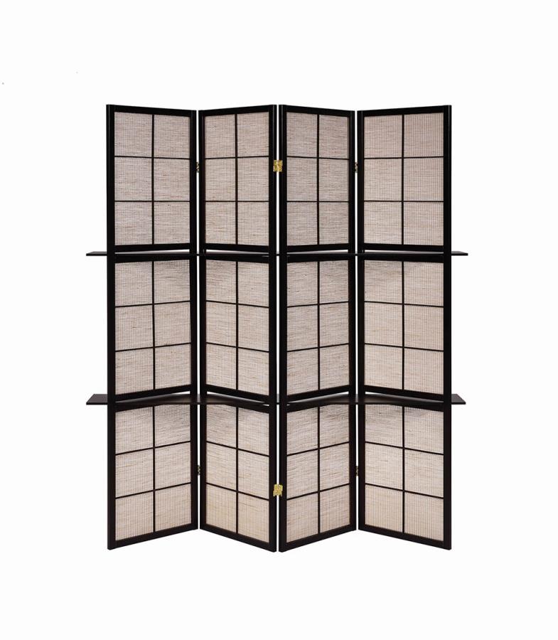 Iggy 4-Panel Folding Screen With Removable Shelves Tan And Cappuccino