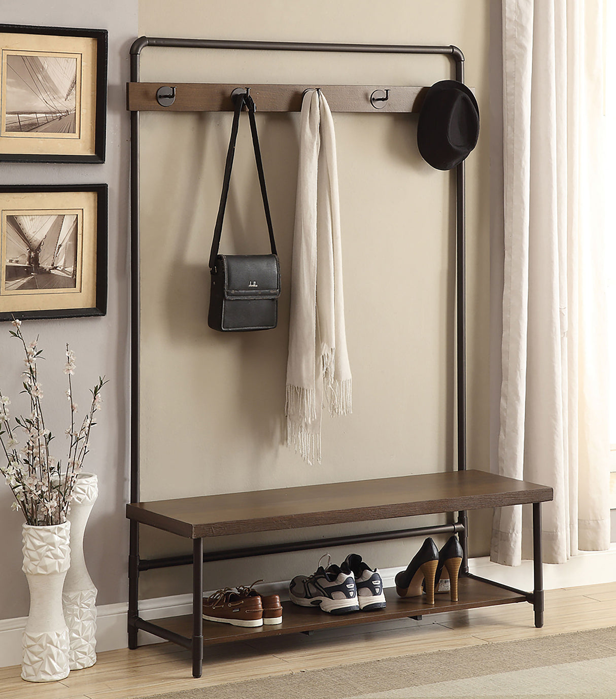 Alise Hall Tree With 5 Coat Hooks Chestnut And Dark Bronze