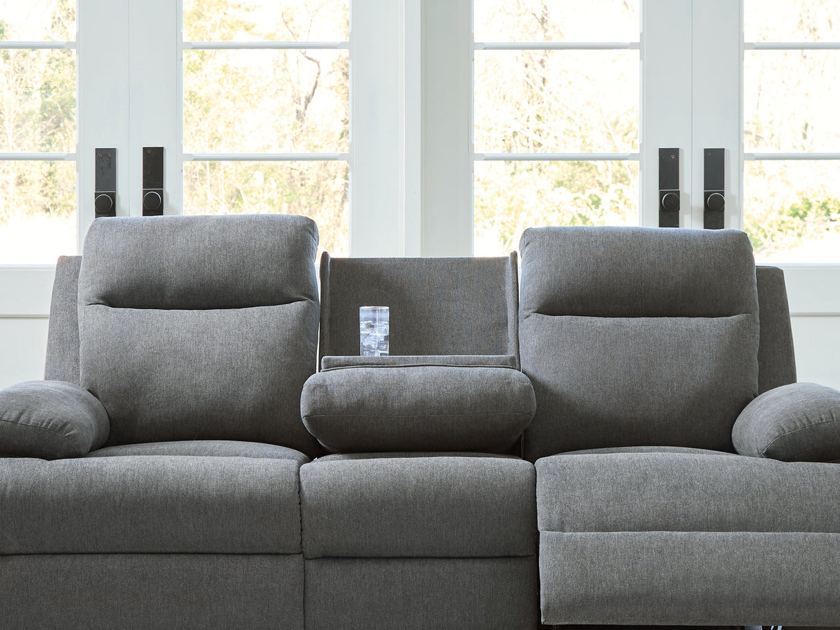 Side-Swipe Reclining Sofa with Drop Down Table