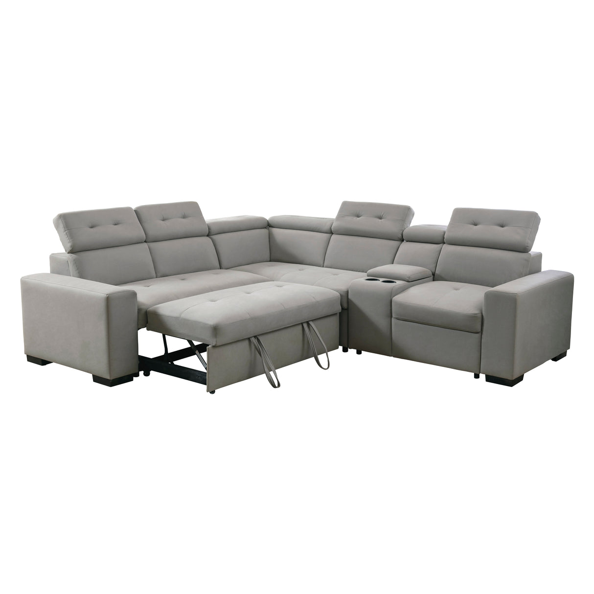 Farrah Exposed Feet With Black Faux Wood 3-Piece Sectional Adjustable Headrests, Pull-Out Bed And Console