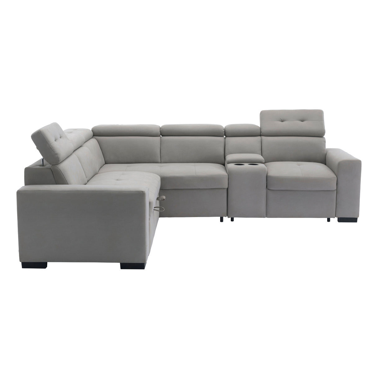 Farrah Exposed Feet With Black Faux Wood 3-Piece Sectional Adjustable Headrests, Pull-Out Bed And Console