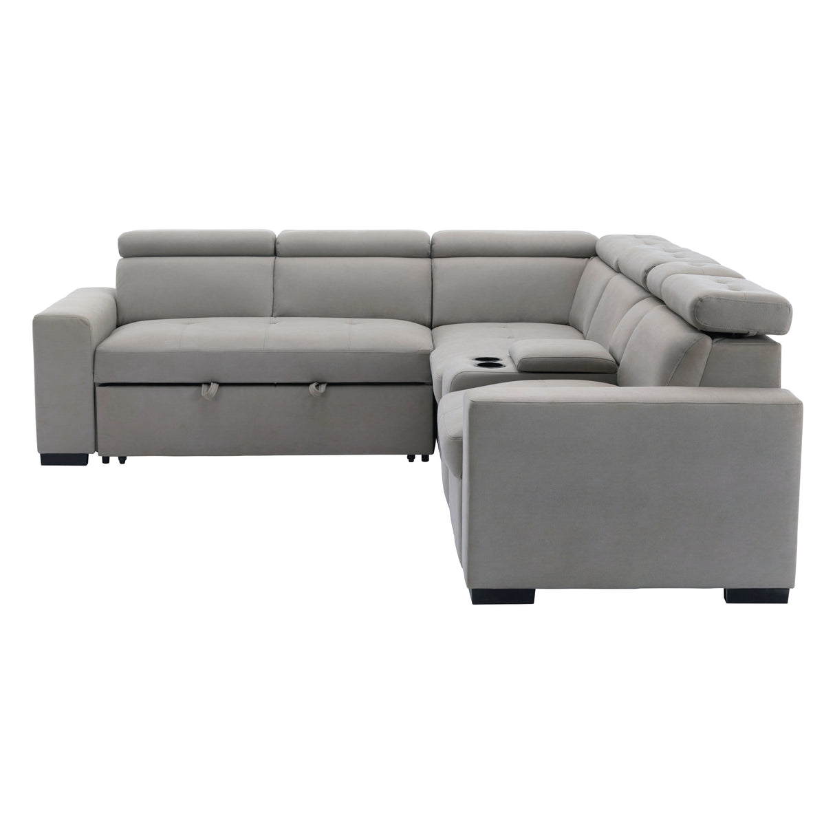 Farrah Exposed Feet With Black Faux Wood 3-Piece Sectional Adjustable Headrests, Pull-Out Bed And Console