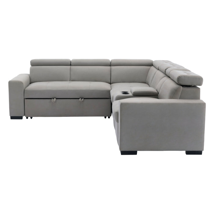 Farrah Exposed Feet With Black Faux Wood 3-Piece Sectional Adjustable Headrests, Pull-Out Bed And Console