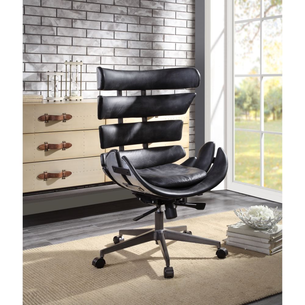Megan Vintage Black Top Grain Leather & Aluminum Executive Office Chair