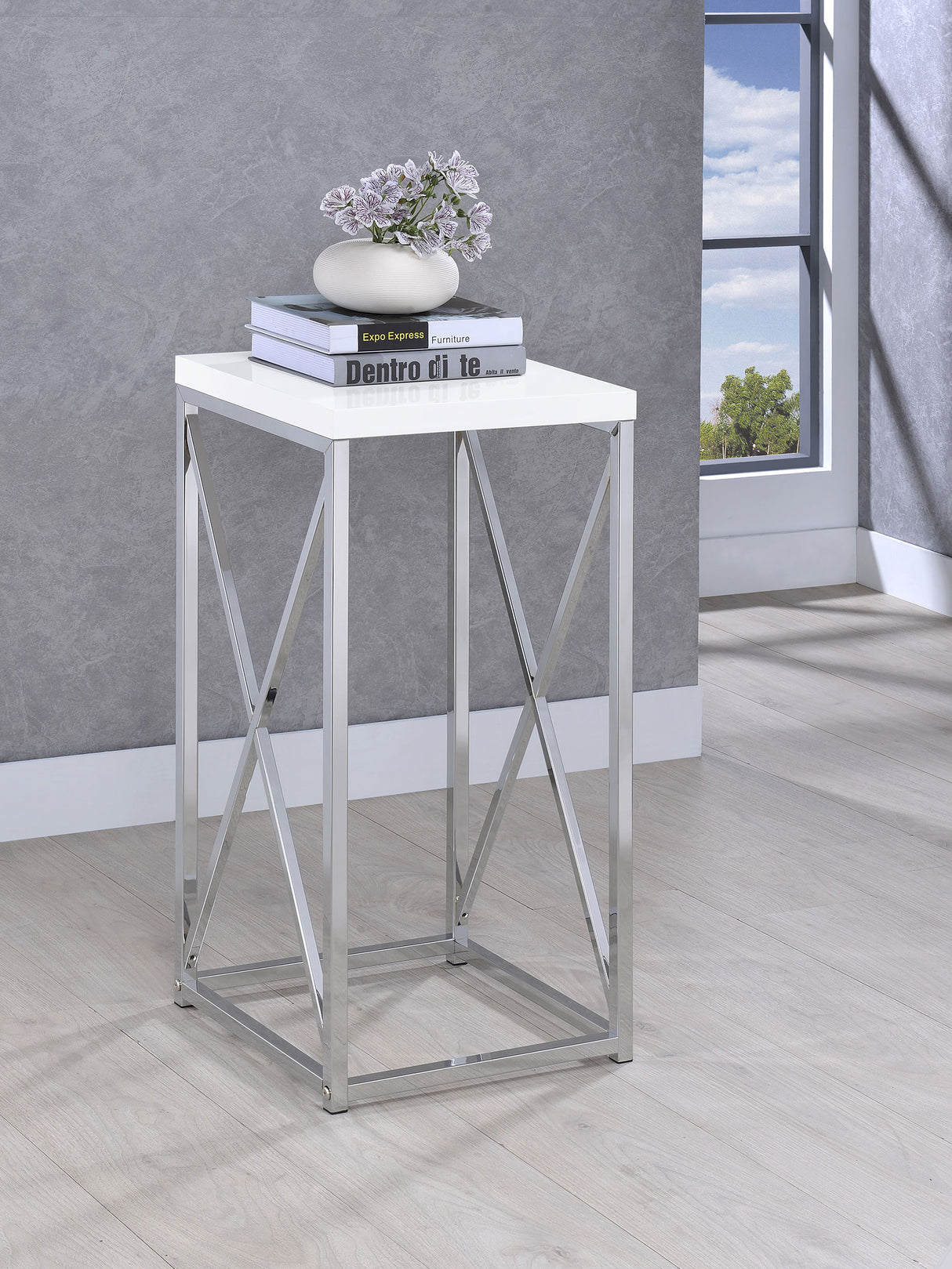 Edmund Accent Table With X-Cross Glossy White And Chrome