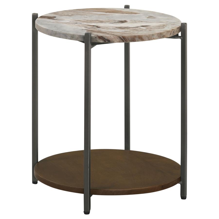 Noemie Round Accent Table With Marble Top White And Gunmetal