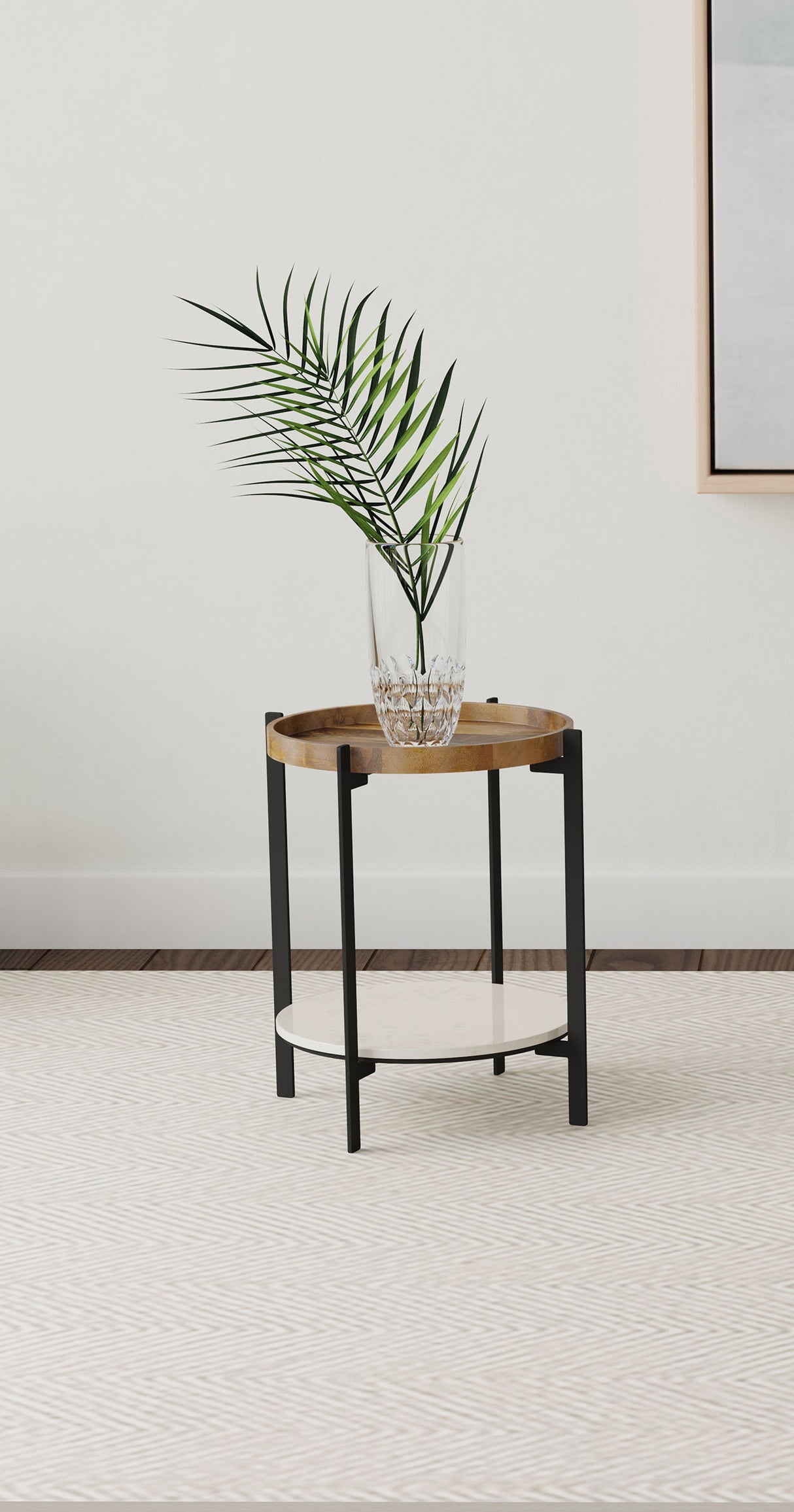 Adhvik Round Accent Table With Marble Shelf Natural And Black