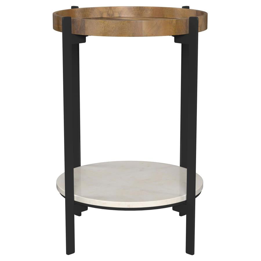 Adhvik Round Accent Table With Marble Shelf Natural And Black