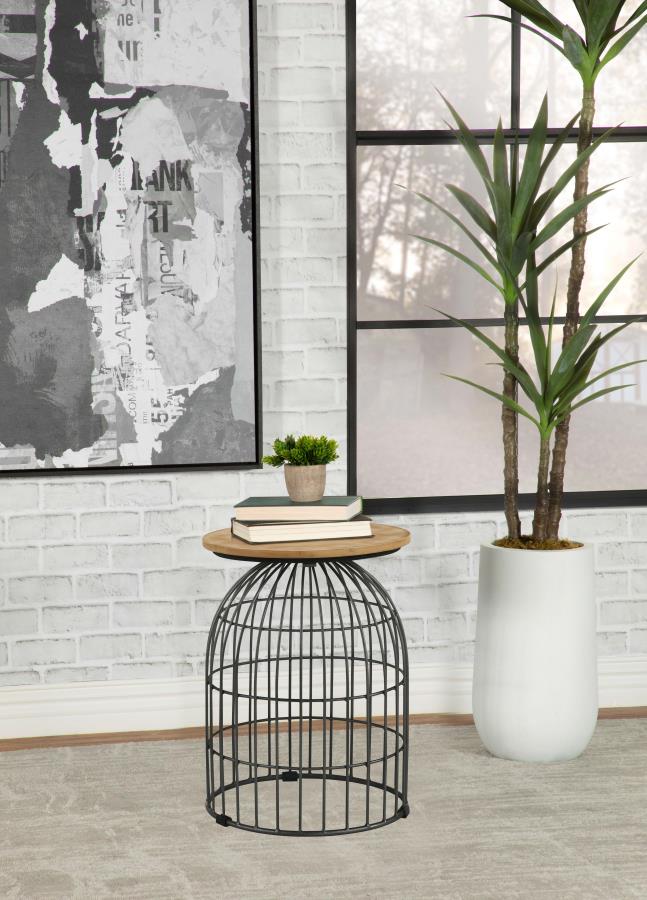 Bernardo Round Accent Table With Bird Cage Base Natural And Gunmetal