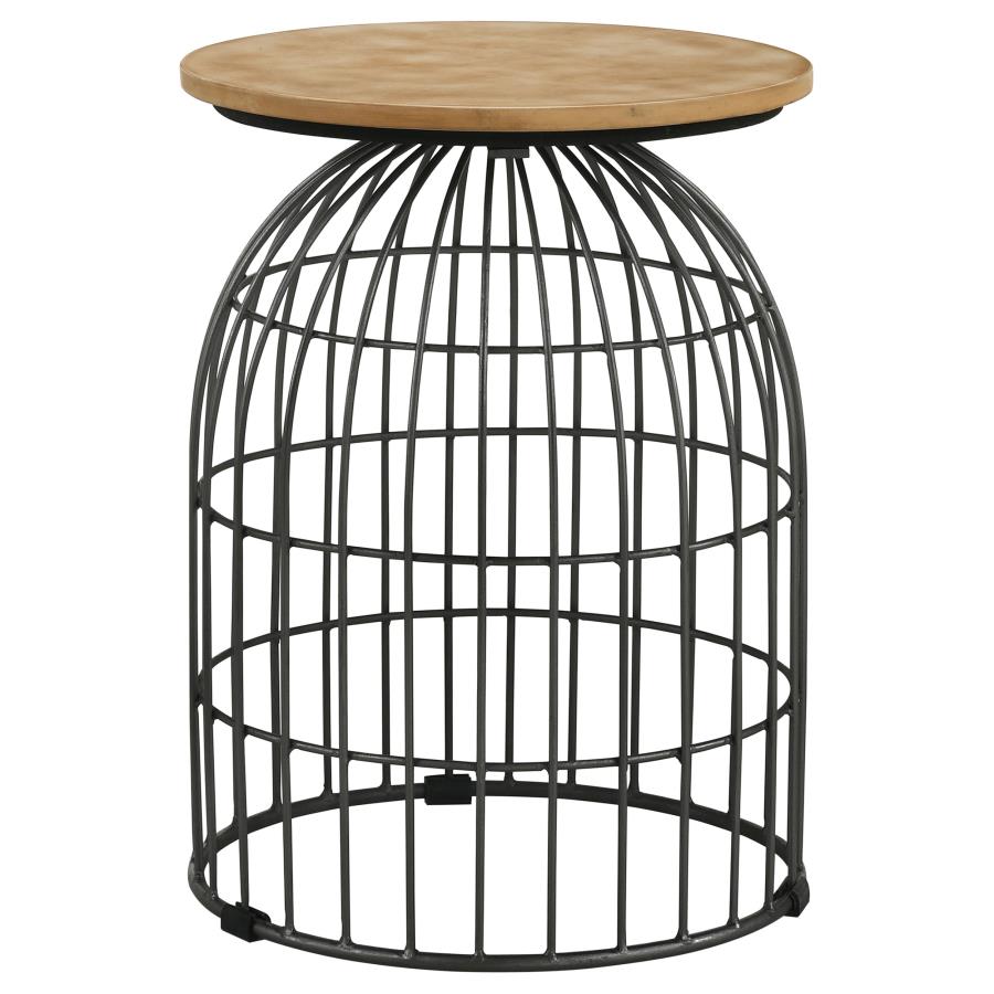 Bernardo Round Accent Table With Bird Cage Base Natural And Gunmetal