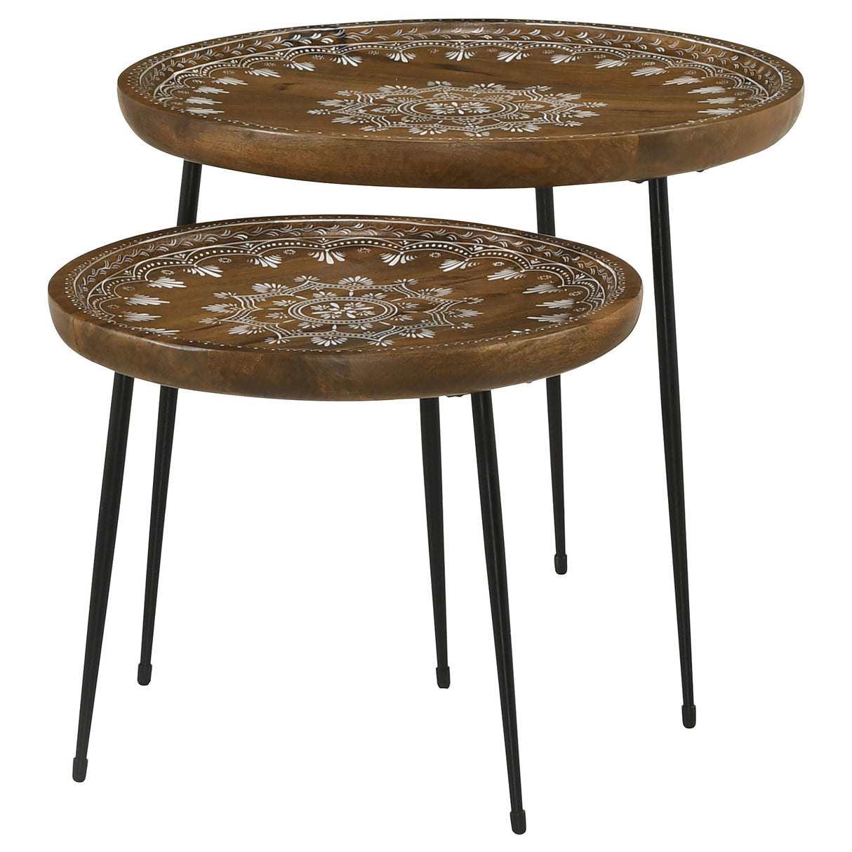 Nuala 2-Piece Round Nesting Table With Tripod Tapered Legs Honey And Black