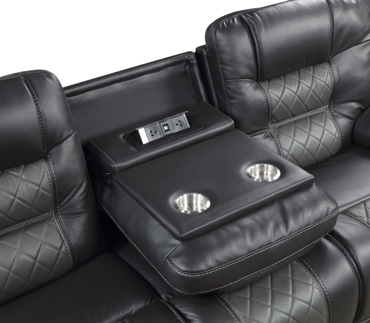 Fabian Grey Double Reclining Sofa With Center Drop-Down Cup Holders, Receptacles And Usb Ports