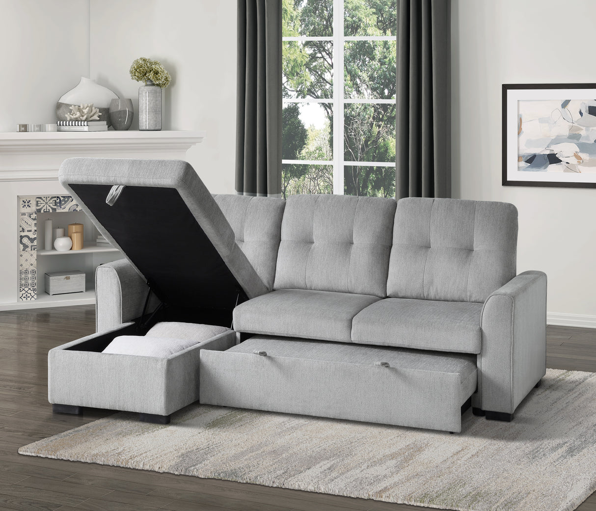 Carolina Exposed Feet With Faux Wood 2-Piece Reversible Sectional Pull-Out Bed And Hidden Storage