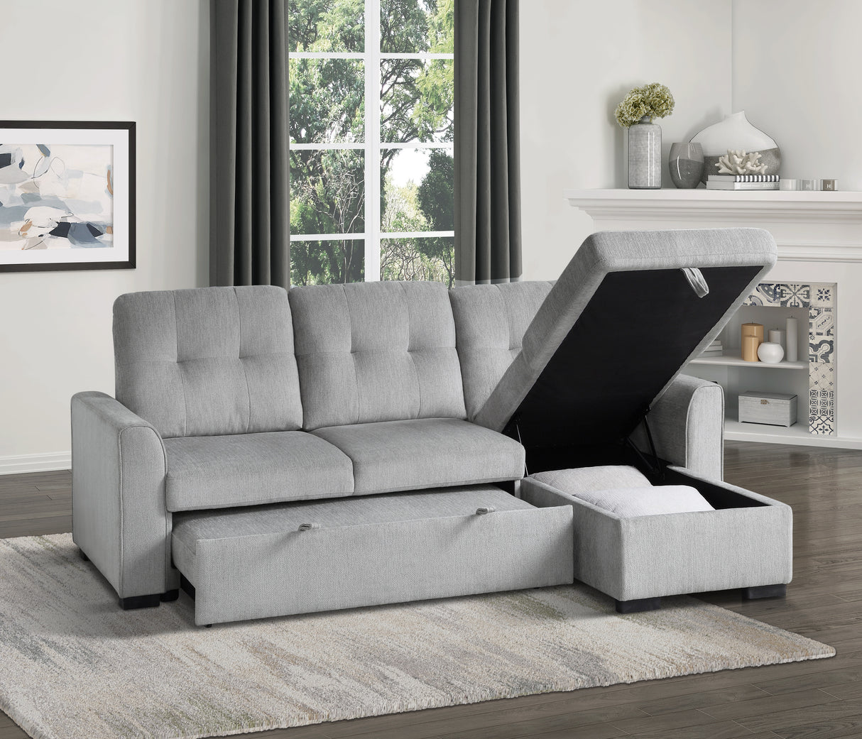 Carolina Exposed Feet With Faux Wood 2-Piece Reversible Sectional Pull-Out Bed And Hidden Storage