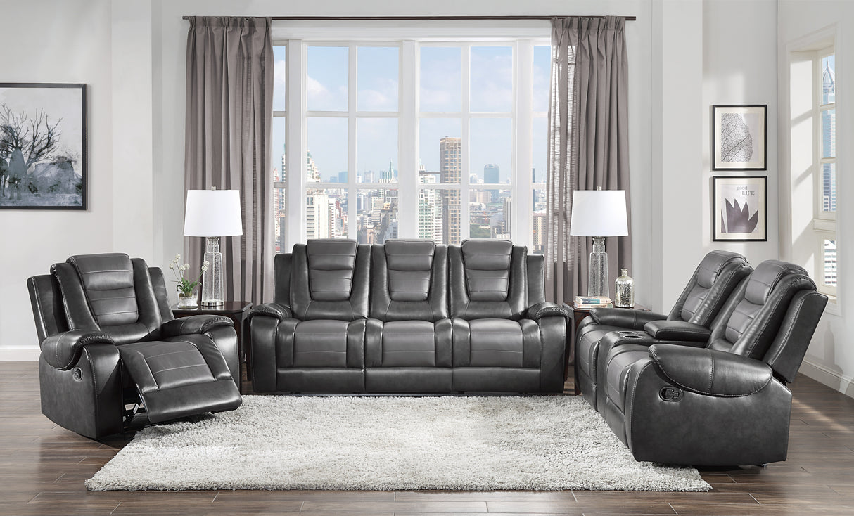 Briscoe Gray Reclining Sofa With Drop Down Table