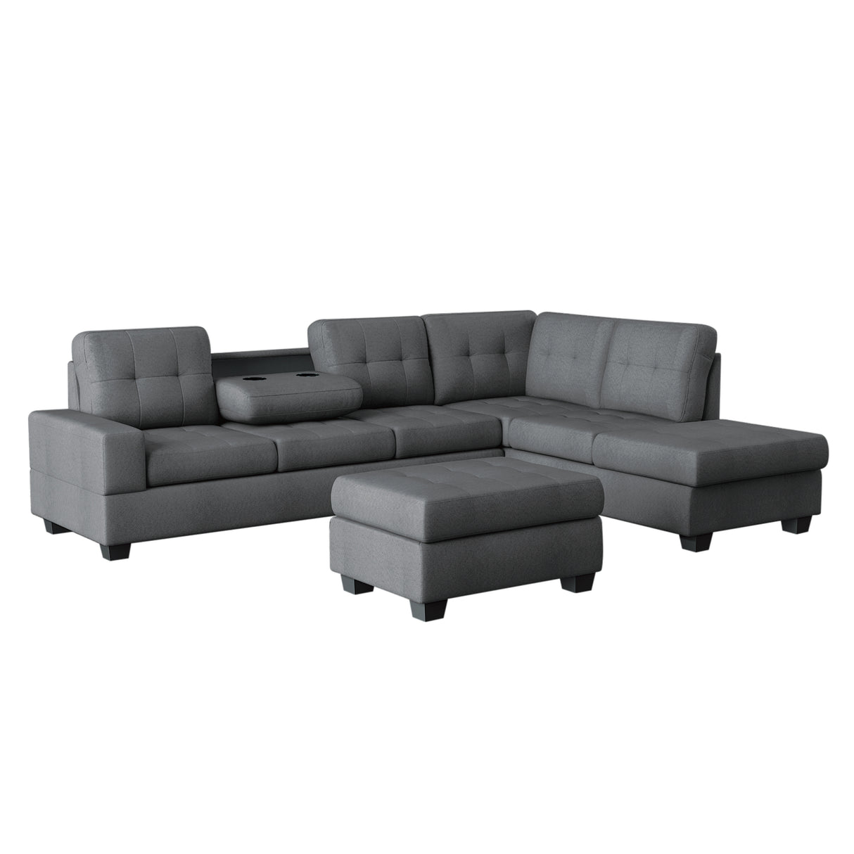 Maston 3-Piece Reversible Sectional With Drop-Down Cup Holders And Storage Ottoman