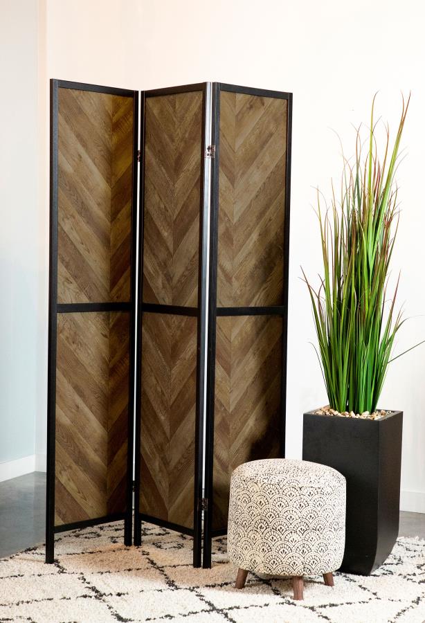 Marlene Herringbone Pattern 3-Panel Screen Rustic Tobacco And Black