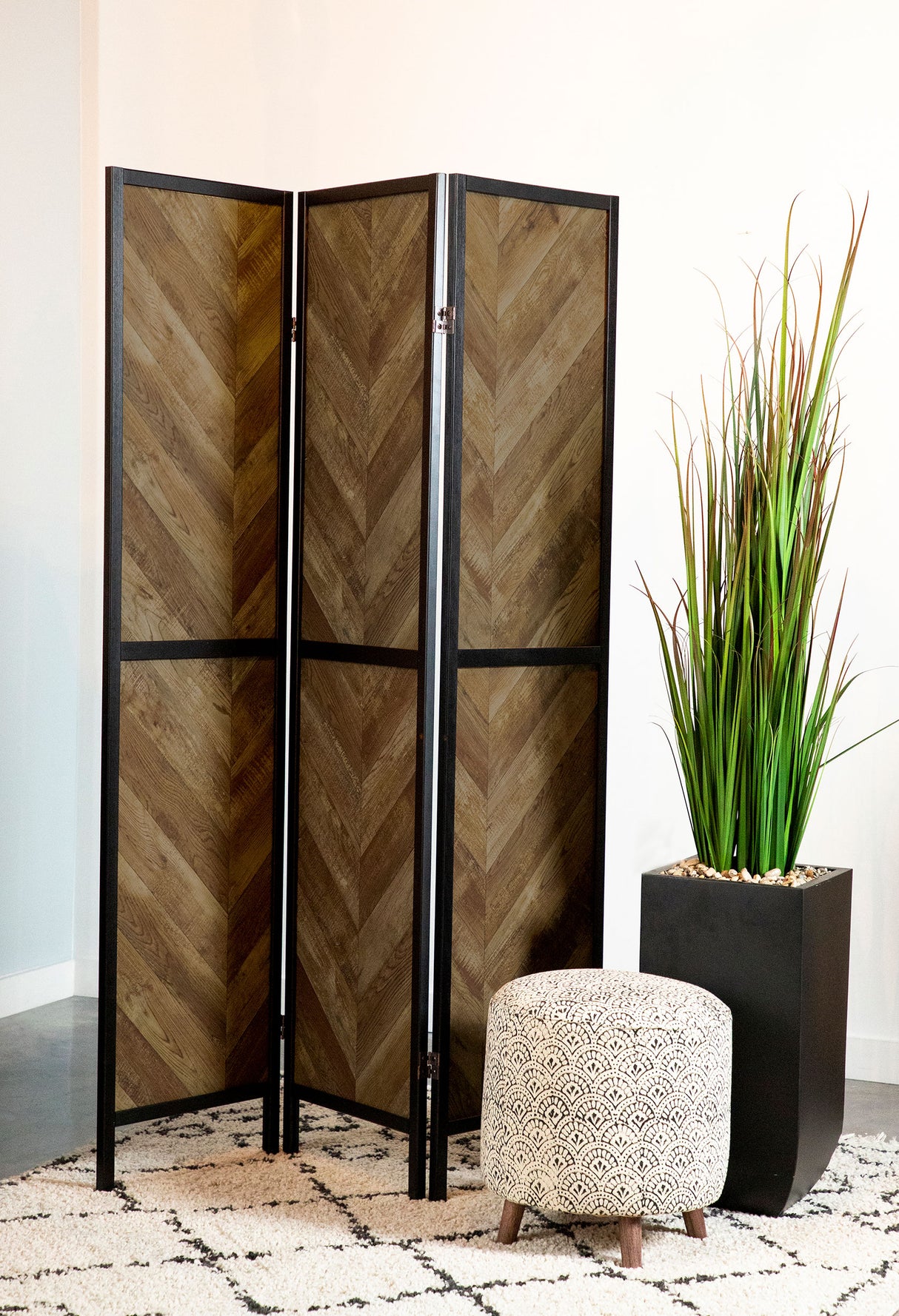 Marlene Herringbone Pattern 3-Panel Screen Rustic Tobacco And Black
