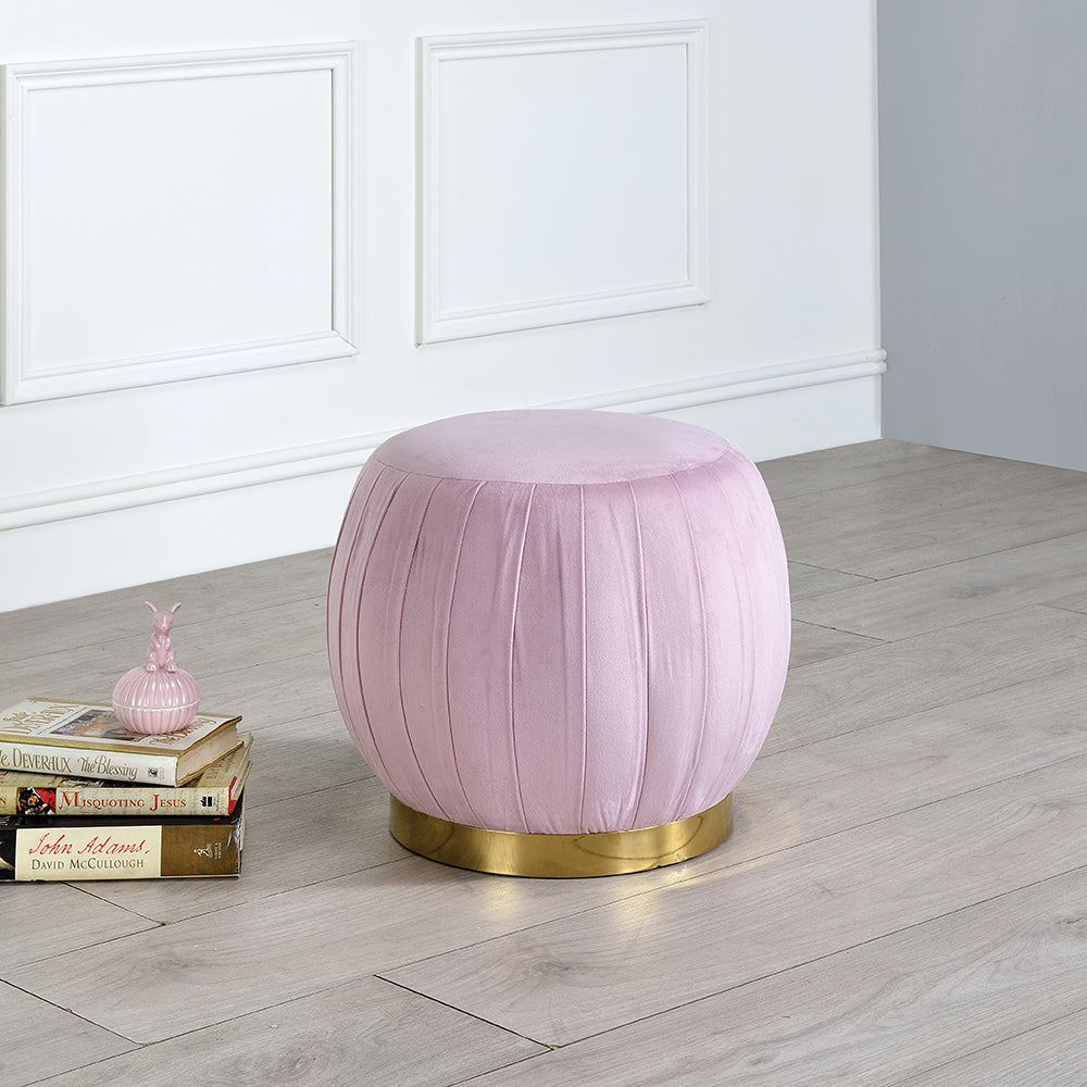 Zinnia Pink Carnation Velvet & Gold Finish Ottoman