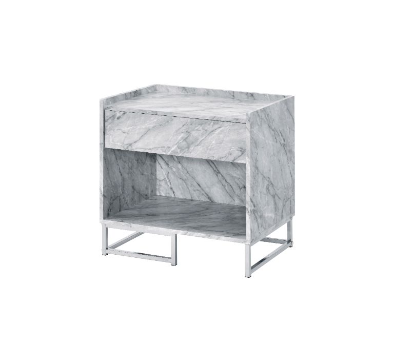 Azrael White Printed Faux Marble & Chrome Finish Accent Table
