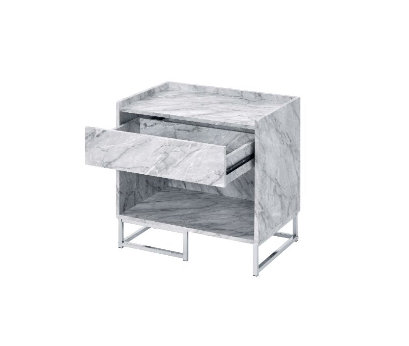Azrael White Printed Faux Marble & Chrome Finish Accent Table
