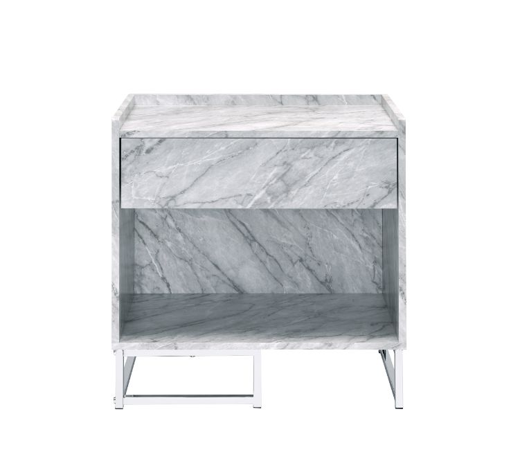 Azrael White Printed Faux Marble & Chrome Finish Accent Table