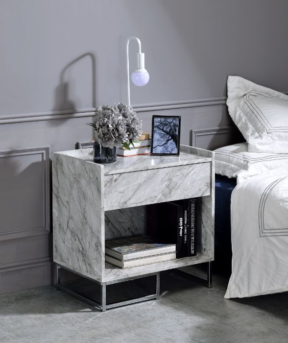 Azrael White Printed Faux Marble & Chrome Finish Accent Table