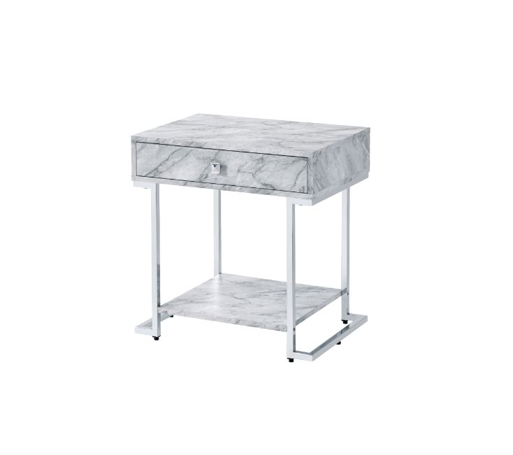 Wither White Printed Faux Marble & Chrome Finish Accent Table