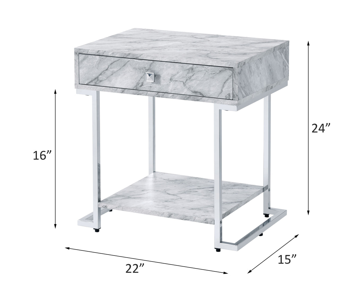Wither White Printed Faux Marble & Chrome Finish Accent Table