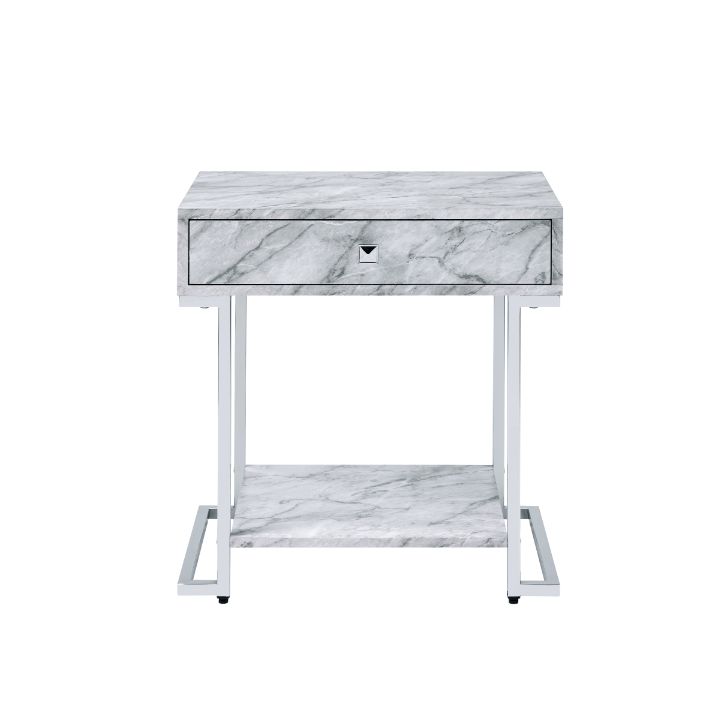 Wither White Printed Faux Marble & Chrome Finish Accent Table