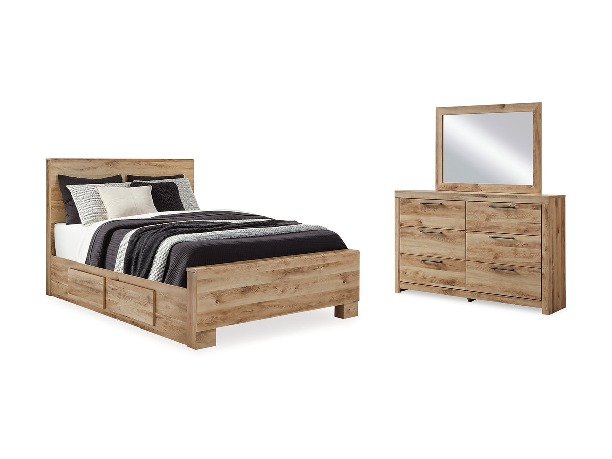 Hyanna Tan Brown Queen Panel Bed With 2 Side Storage, Dresser And Mirror