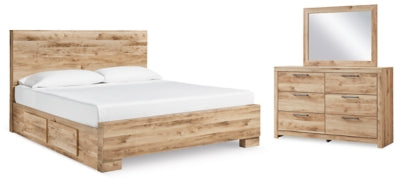 Hyanna Tan Brown King Panel Bed With 2 Side Storage, Dresser And Mirror
