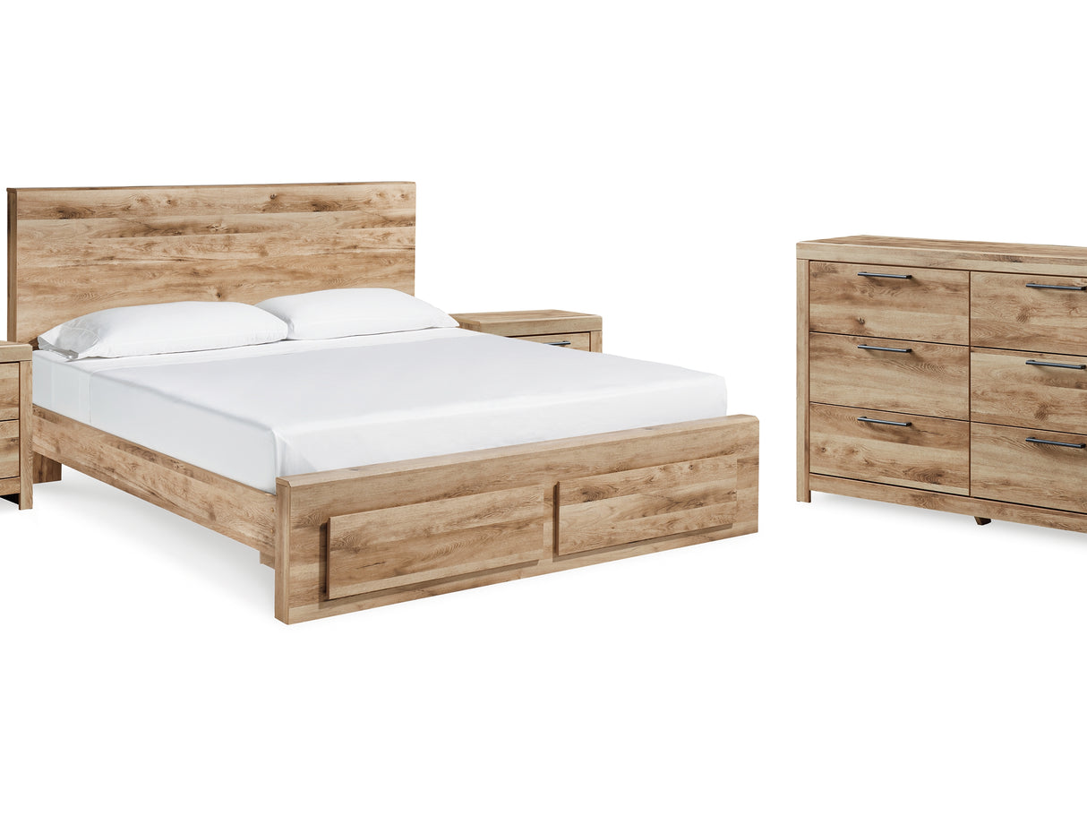 Hyanna Tan Brown King Panel Storage Bed, Dresser And 2 Nightstands