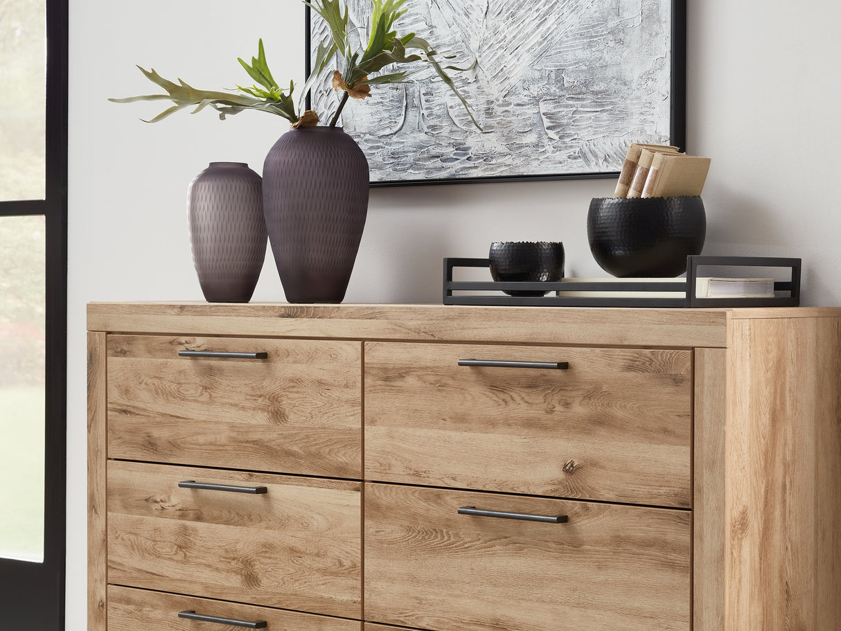 Hyanna Tan Brown Queen Panel Bed, Dresser, And Nightstand