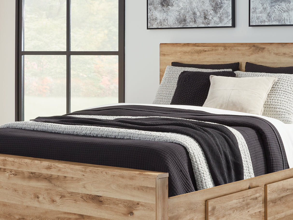 Hyanna Tan Brown Queen Panel Bed With 2 Side Storage, Dresser And Mirror