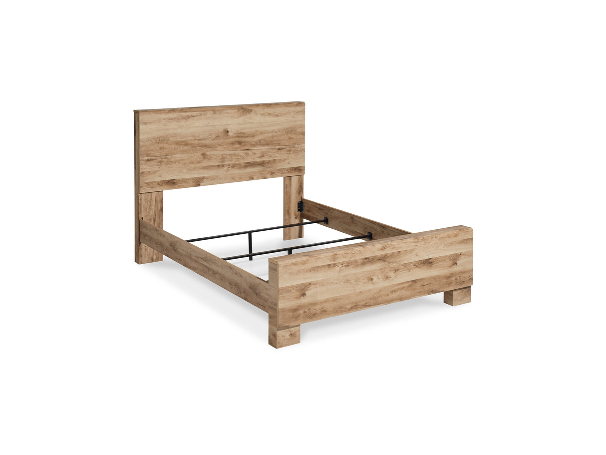 Hyanna Tan Brown King Panel Bed, Dresser, Mirror, And Nightstand