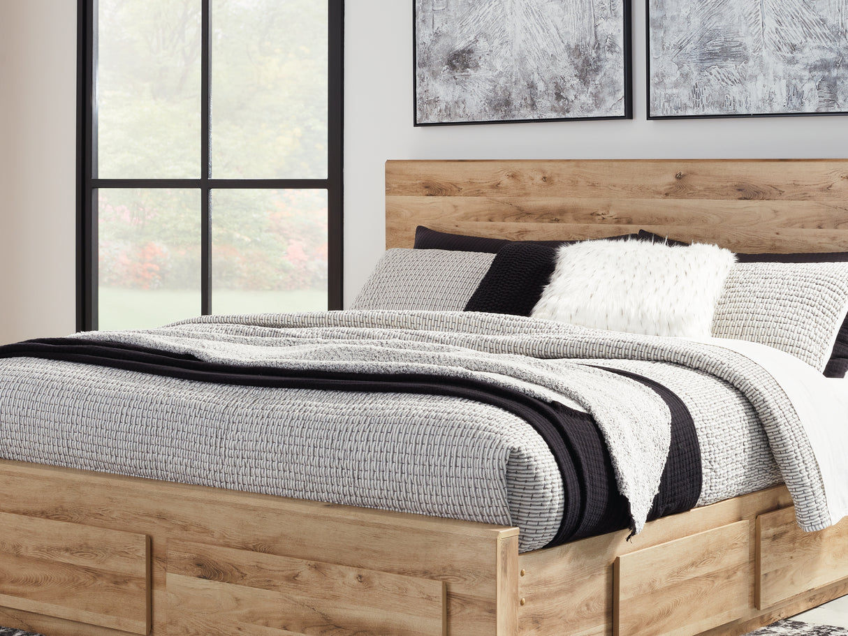 Hyanna Tan Brown King Panel Storage Bed With 2 Side Storage, Dresser And Mirror