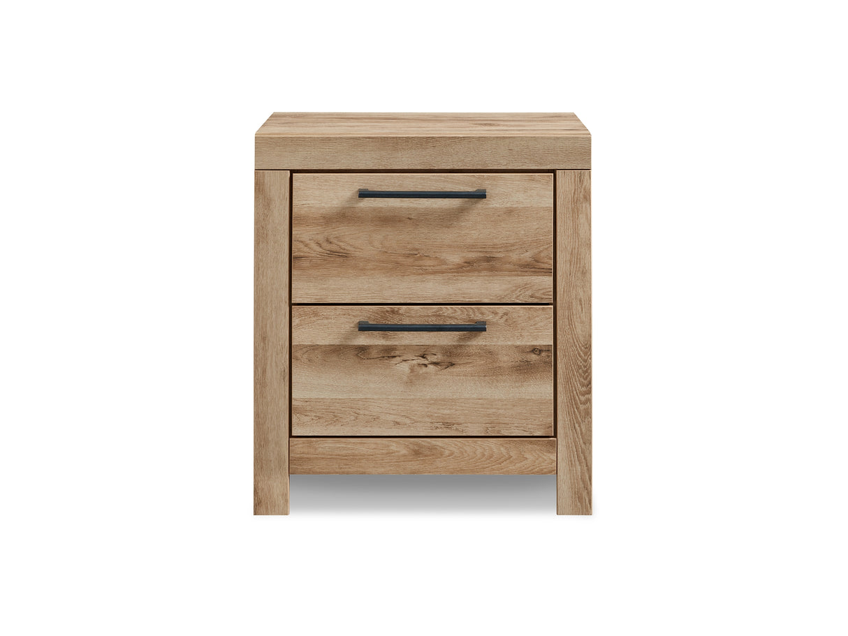 Hyanna Tan Brown King Panel Bed, Dresser, Mirror, And Nightstand