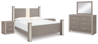 Surancha Gray Queen Poster Bed, Dresser, Mirror And 2 Nightstands