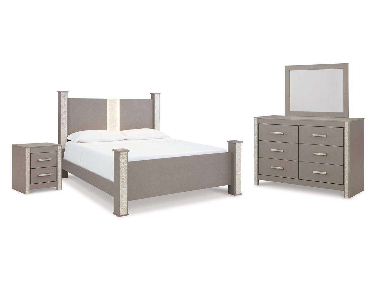 Surancha Gray King Poster Bed, Dresser, Mirror And Nightstand