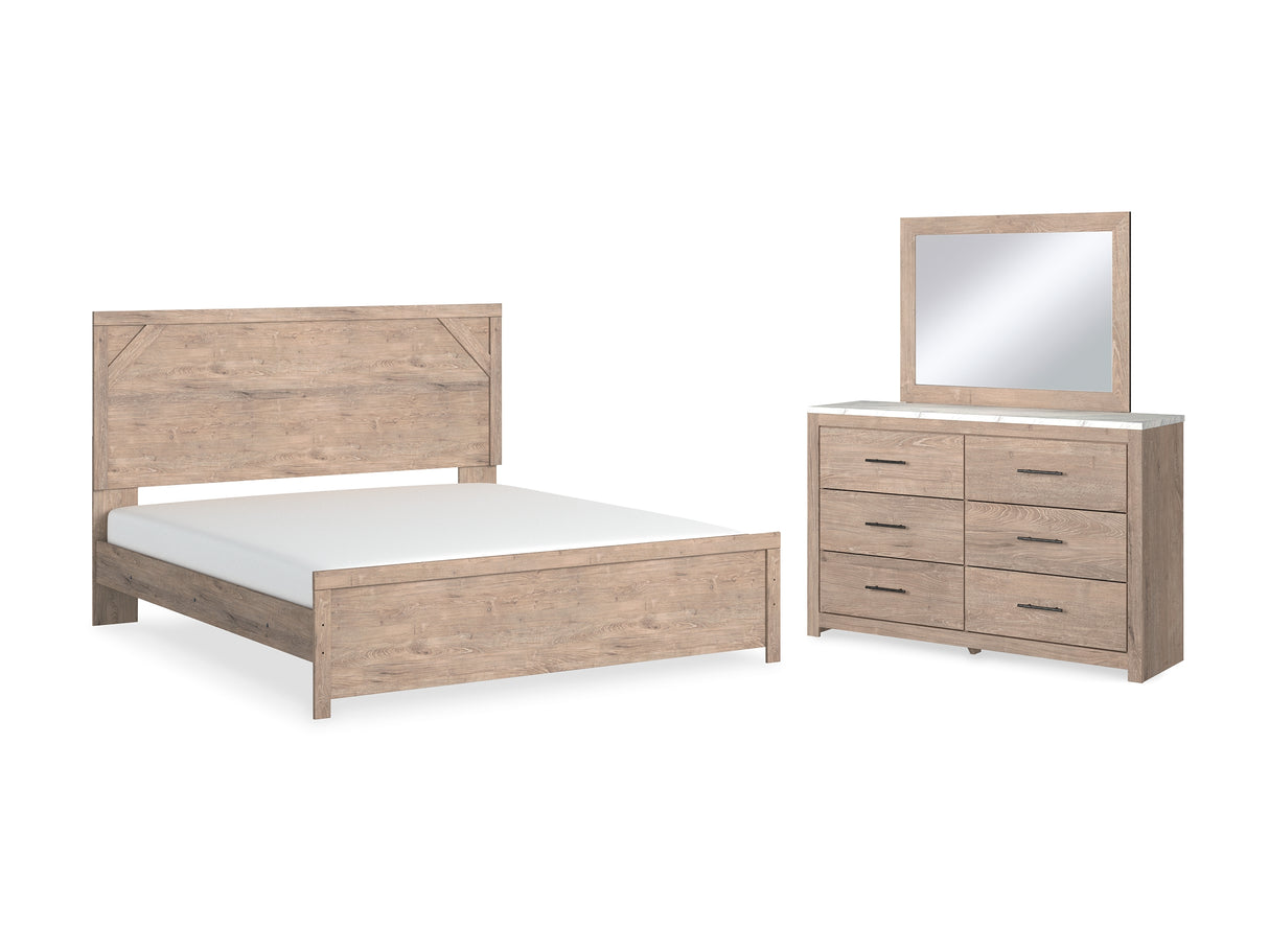 Senniberg Light Brown/White King Panel Bed, Dresser And Mirror