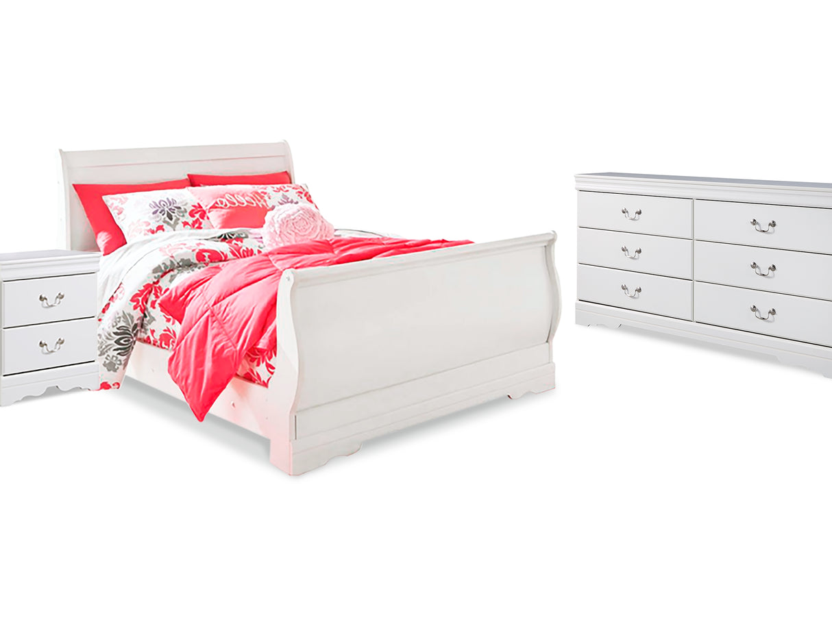 Anarasia White Full Sleigh Bed, Dresser And Nightstand