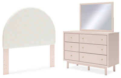 Wistenpine Blush Full Upholstered Panel Headboard, Dresser And Mirror
