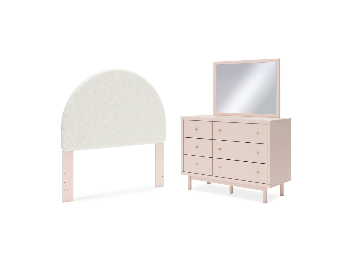 Wistenpine Blush Full Upholstered Panel Headboard, Dresser And Mirror