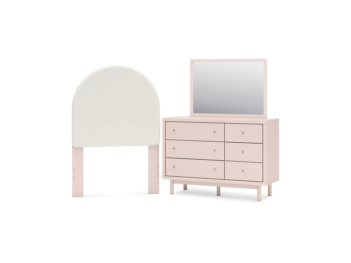 Wistenpine Blush Twin Upholstered Panel Headboard, Dresser And Mirror