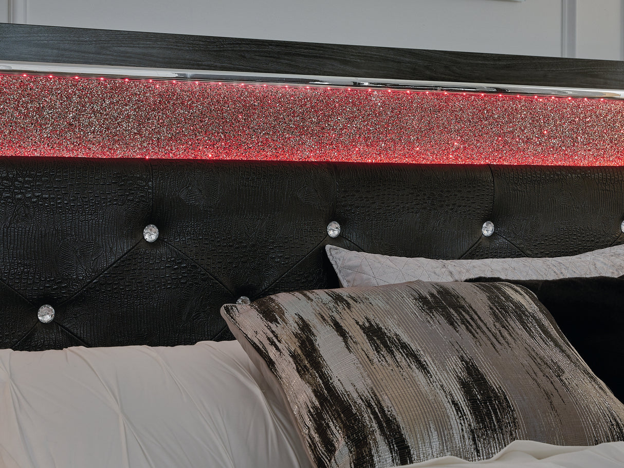 Kaydell Black King Panel Storage Bed, Dresser, Mirror And Nightstand