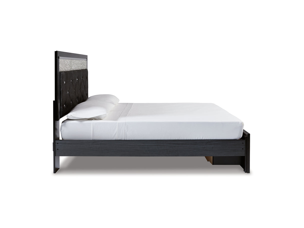 Kaydell Black King Panel Storage Bed, Dresser, Mirror And Nightstand