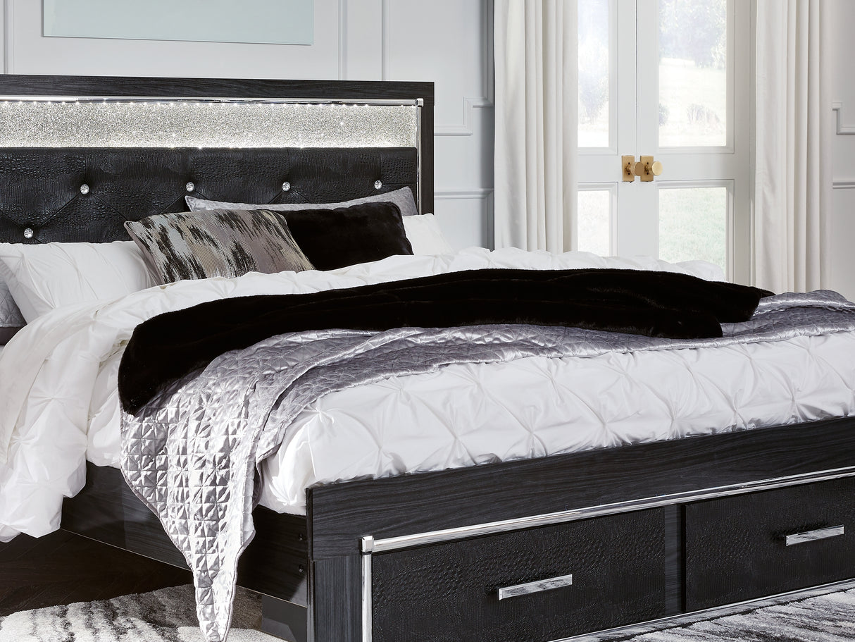 Kaydell Black King Panel Storage Bed, Dresser, Mirror And Nightstand
